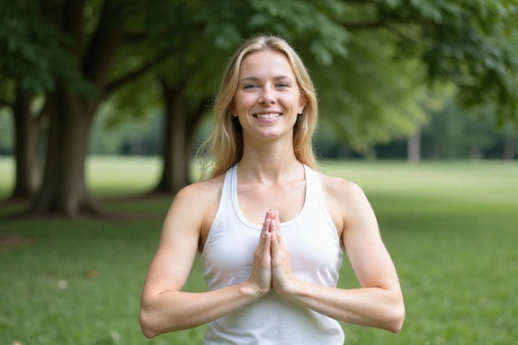 Eine Frau lächelt beim Yoga, symbolisiert Wohlbefinden und eine ganzheitliche Betrachtung der Gesundheit.