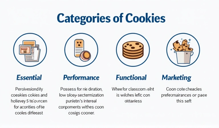 Diagram showing different types of cookies and their functions: essential, performance, functional, and marketing.
